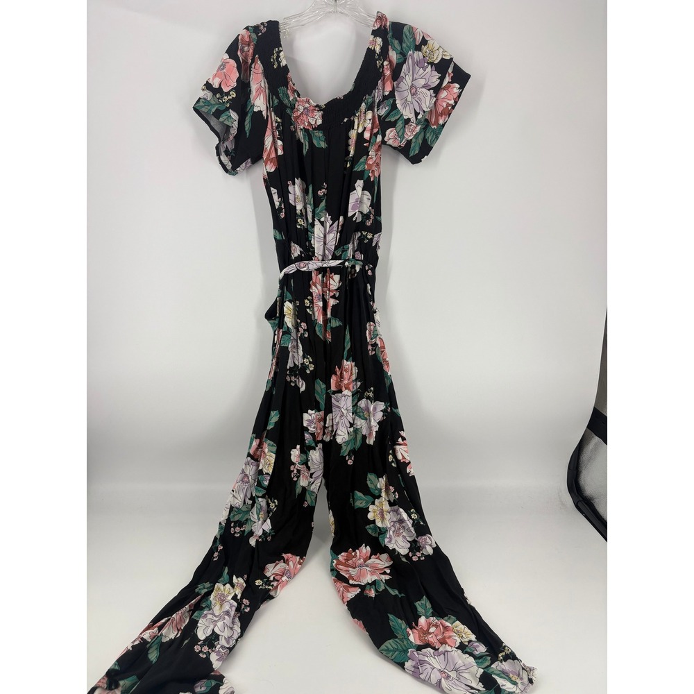 Eye†Shadow Black Floral‎ Smocked Bodice Jumpsuit Wide Leg Belted